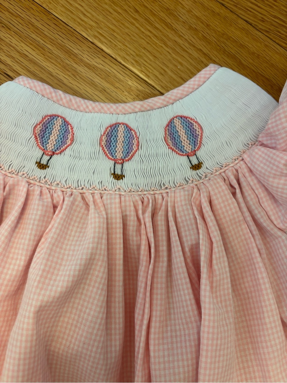 Pink Gingham Baby One-Piece with Hot Air Balloon Smocking - Picture 2 of 5